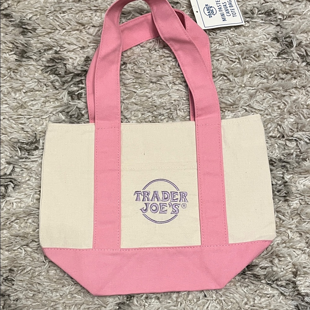 Trader Joe’s mini pastel canvas tote bag. Pink. Cream. New with tag.